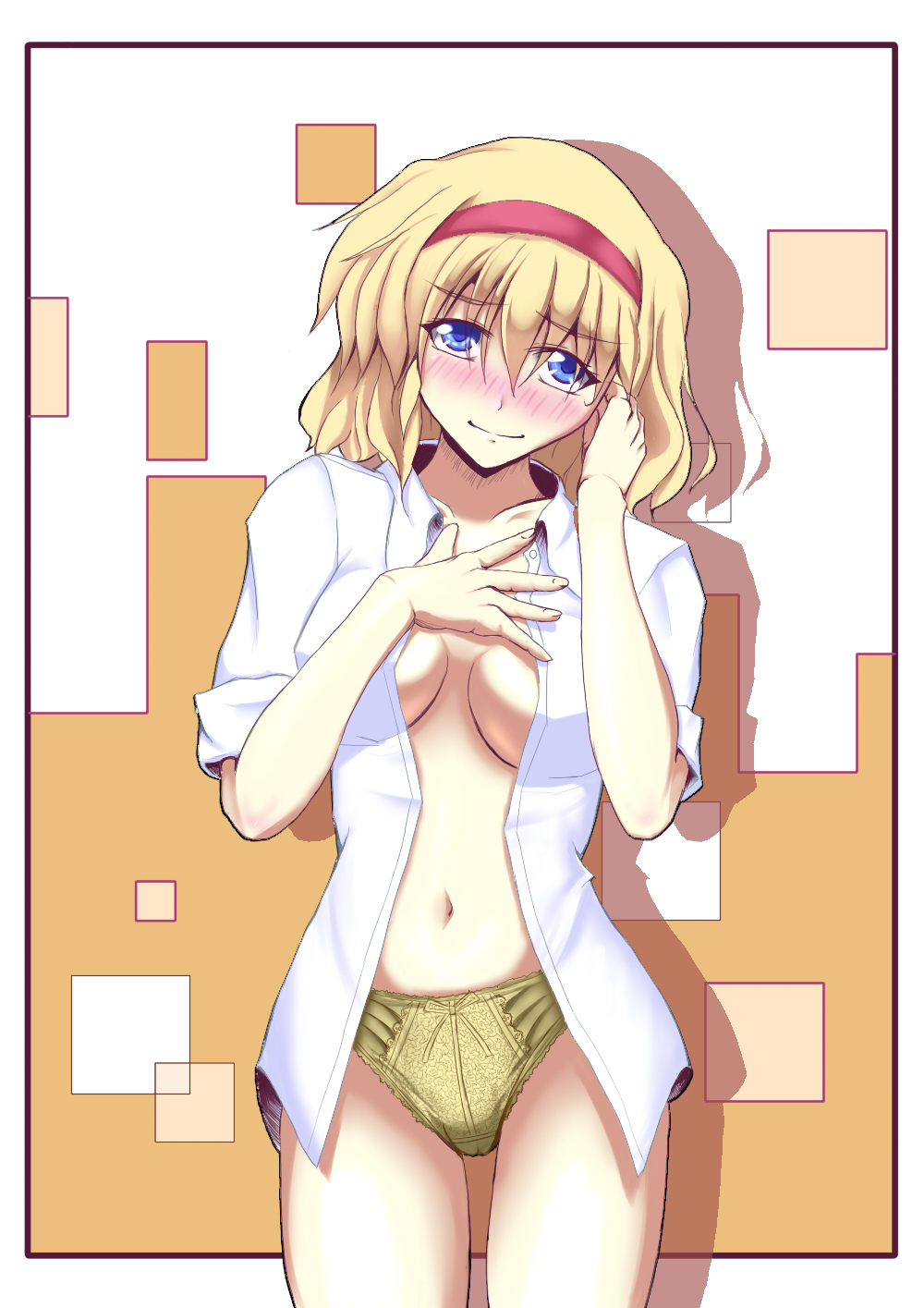 iduki huwa, izuki (toneya), alice margatroid, touhou, highres, 1girl, blonde hair, blue eyes, blush, bottomless, breasts, cleavage, female focus, hairband, large breasts, navel, no pants, open clothes, open shirt, panties, shirt, short hair, smile, solo, underwear, white shirt, yellow panties