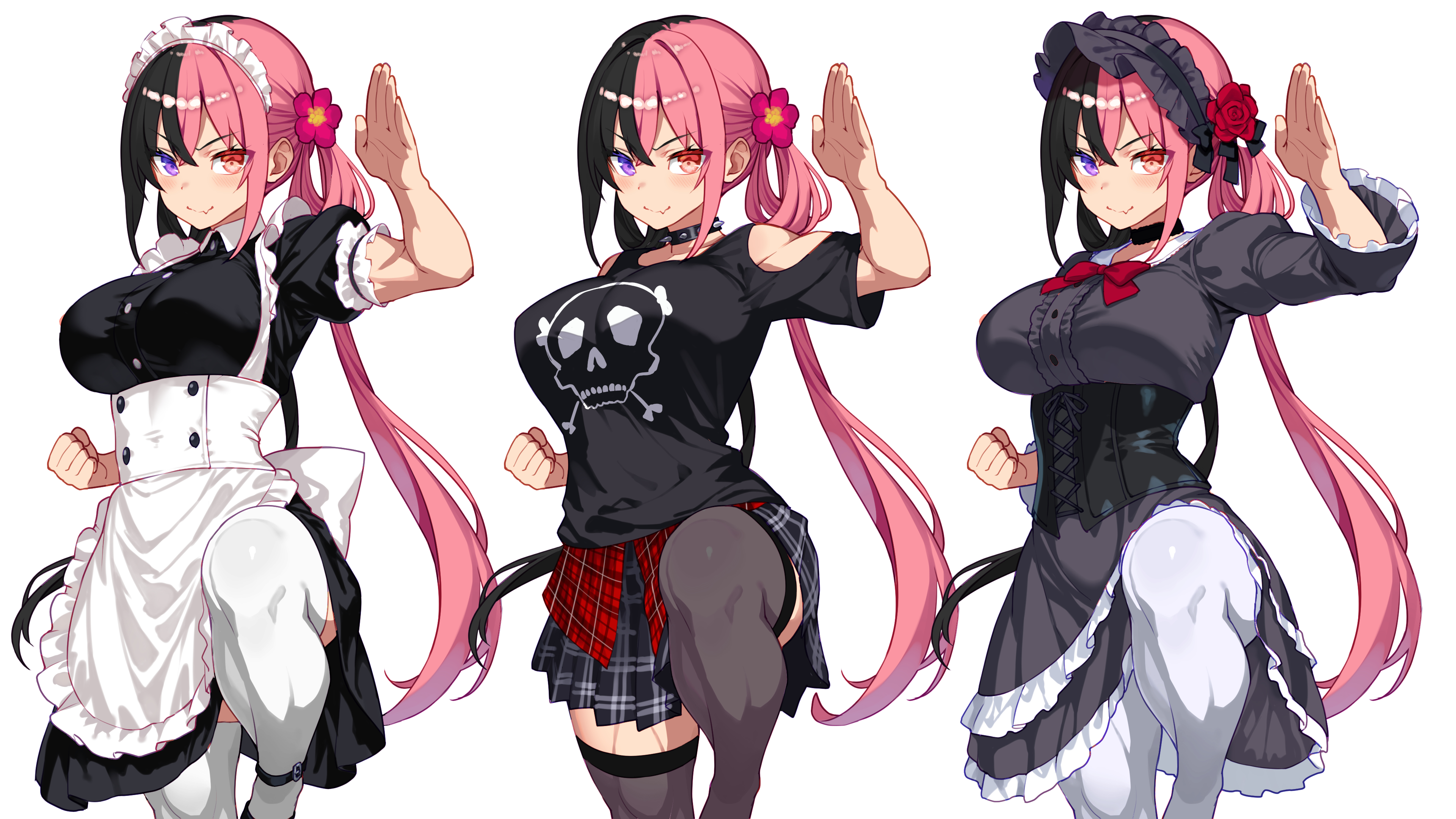 murata taichi, original, absurdres, commentary request, highres, 1girl, apron, black corset, black dress, black hair, black shirt, black thighhighs, breasts, choker, corset, dress, fang, fighting stance, flower, frilled dress, frilled hairband, frills, gothic lolita, hair flower, hair ornament, hairband, heterochromia, large breasts, lolita fashion, long hair, looking at viewer, low twintails, maid, maid apron, maid headdress, multicolored hair, muscular, muscular female, orange eyes, pantyhose, pink hair, plaid clothes, plaid skirt, purple eyes, red flower, red rose, rose, shirt, skin fang, skirt, skull print, smile, spiked choker, spikes, split-color hair, standing, standing on one leg, t-shirt, thighhighs, twintails, two-tone hair, very long hair, white background, white pantyhose, white thighhighs