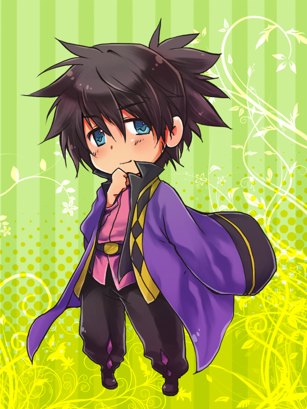 yoshida nishi, raven (tales), tales of (series), tales of vesperia, 00s, 1boy, black hair, blue eyes, chibi, gradient background, green background, male focus, ponytail, smile, solo, yellow background