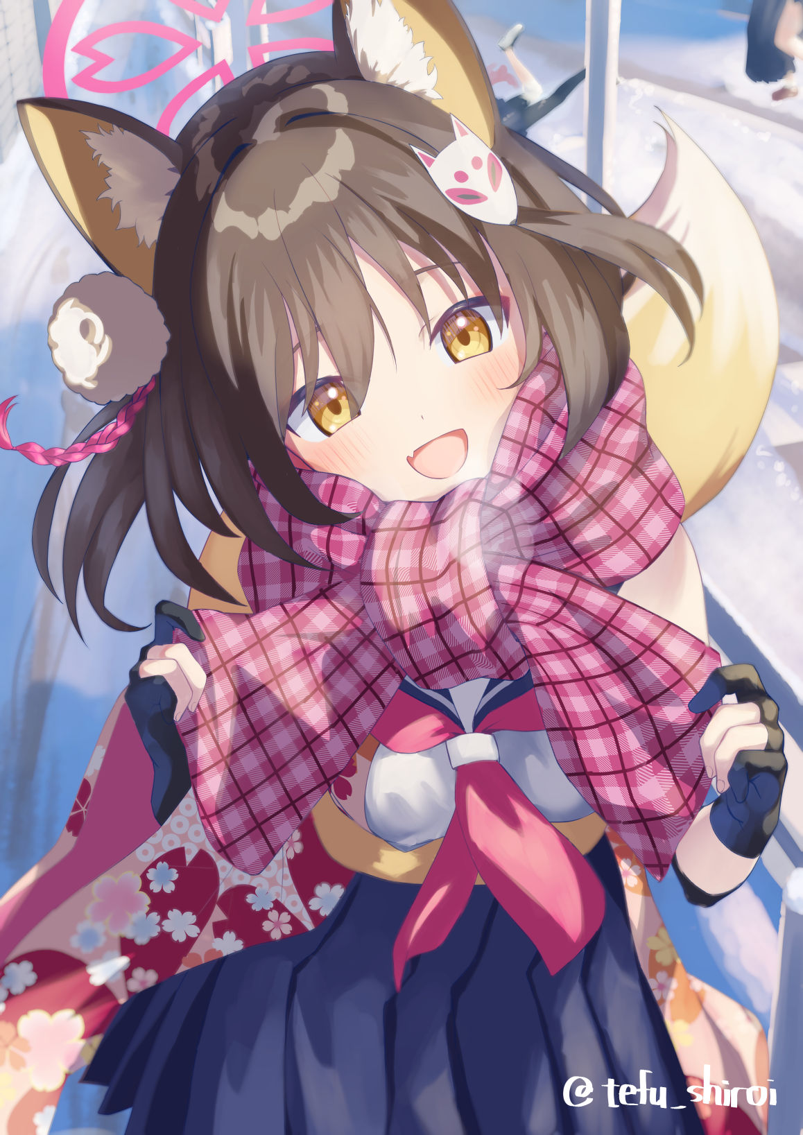 shiroitefu, izuna (blue archive), blue archive, commentary request, highres, 2girls, animal ear fluff, animal ears, blue gloves, blue skirt, blush, brown hair, fallen down, fang, floral print, floral print kimono, fox ears, fox girl, fox mask, fox tail, gloves, hair ornament, halo, japanese clothes, kimono, mask, mask on head, multiple girls, neckerchief, one side up, open mouth, outdoors, partially fingerless gloves, pink halo, pink neckerchief, pink scarf, pleated skirt, print kimono, red kimono, sash, scarf, shirt, skin fang, skirt, sleeveless, sleeveless shirt, snow, tail, white shirt, yellow eyes, yellow sash