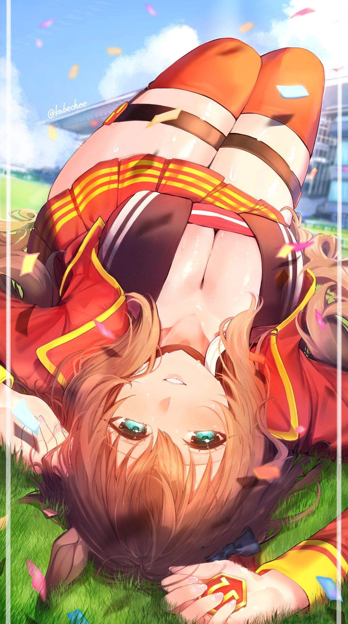 chikabe, maruzensky (formula r) (umamusume), maruzensky (umamusume), umamusume, umamusume: cinderella gray, commentary request, highres, textless version, 1girl, animal ears, blush, bow, breasts, brown hair, brown sailor collar, cleavage, cropped jacket, ear bow, ear ornament, hair between eyes, horse ears, horse girl, horse tail, jacket, large breasts, long hair, long sleeves, looking at viewer, pendant choker, red jacket, red serafuku, red shirt, red skirt, red thighhighs, sailor collar, school uniform, serafuku, shirt, skirt, smile, solo, tail, thighhighs, thighs, upside-down