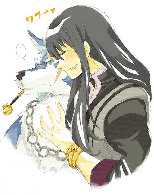 repede (tales), yuri lowell, tales of (series), tales of vesperia, 00s, 1boy, black hair, bracelet, chain, dog, green eyes, hug, jewelry, kiseru, long hair, male focus, smile, smoking pipe, solo
