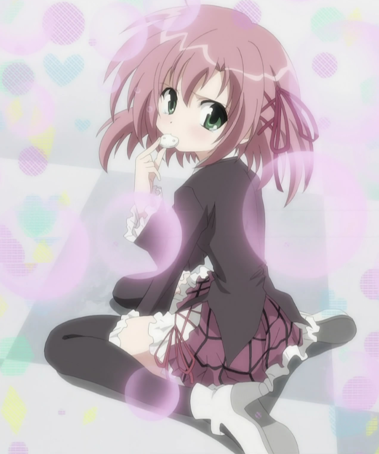 sakurano kurimu, seitokai no ichizon, anime screenshot, highres, stitched, third-party edit, 00s, 1girl, blush, female focus, food, green eyes, hair ribbon, kneeling, pink hair, ribbon, school, school uniform, short hair, solo, tears, thighhighs