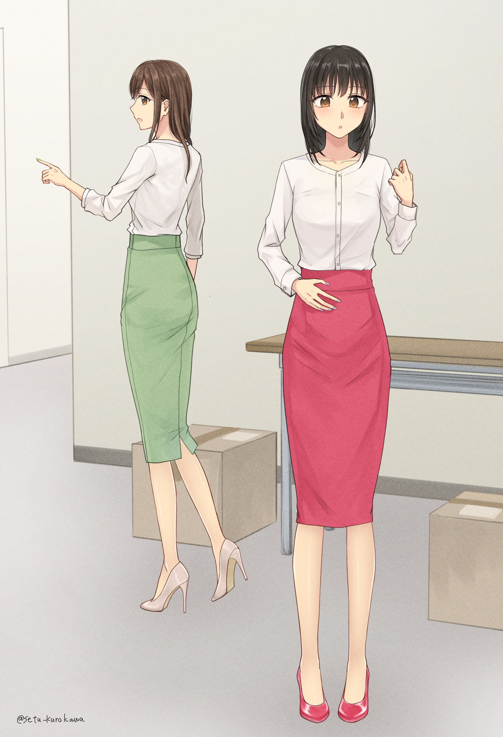 setu kurokawa, original, absurdres, commentary request, commission, highres, pixiv commission, 2girls, black hair, brown hair, green skirt, high heels, long hair, long skirt, long sleeves, multiple girls, office lady, pencil skirt, red shoes, shirt, shoes, skirt, sleeves rolled up, standing, white shirt, white shoes