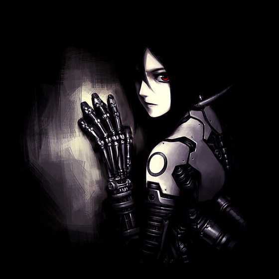 iwai ryou, original, 1girl, black hair, cyborg, dark, female focus, joints, monochrome, one eye covered, pale skin, red eyes, robot joints, solo