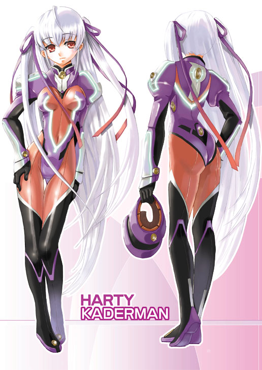 yuu (yuyukaikan), hardy kaderman, original, 1girl, ass, bodysuit, boots, brown eyes, gloves, hand on own hip, helmet, hip focus, legs, long hair, multiple views, thigh boots, thigh gap, thighhighs, turnaround, twintails, white hair