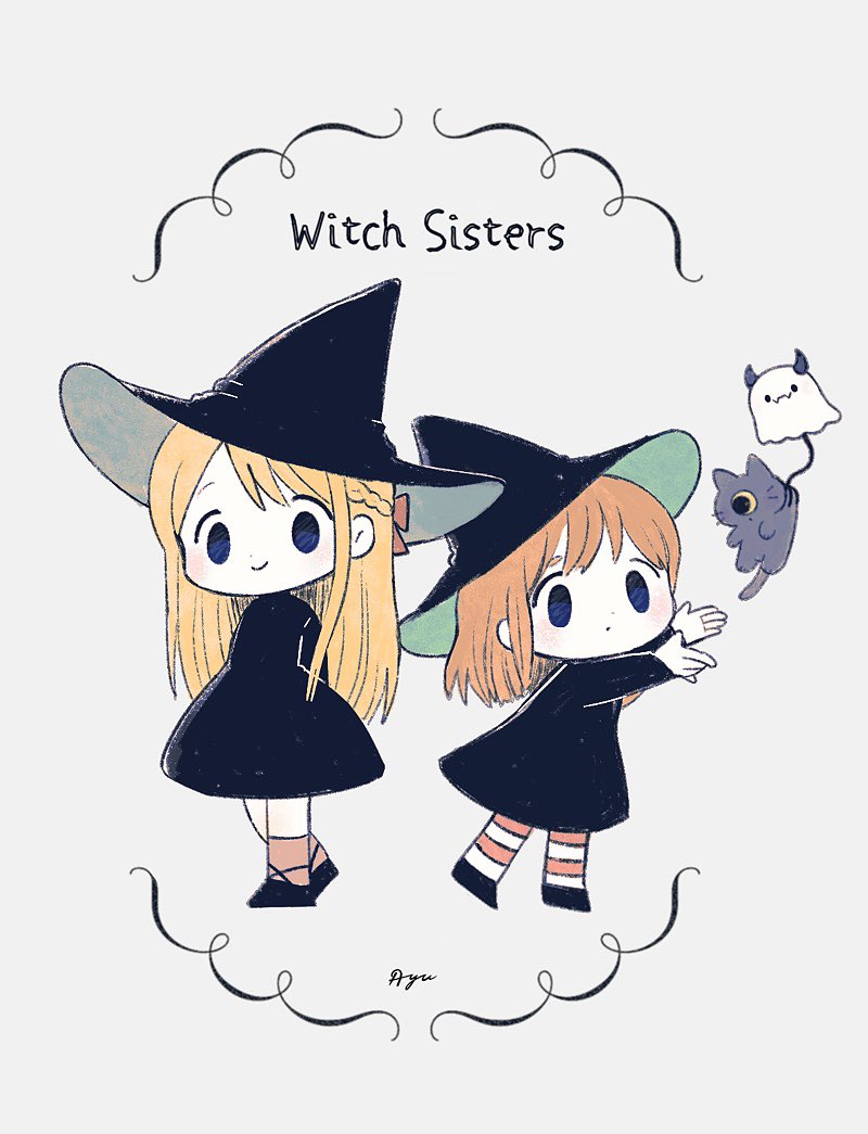 ayu (mog), original, commentary, commentary request, english commentary, mixed-language commentary, 2girls, animal, black cat, black dress, black shoes, blue eyes, blue hair, cat, chibi, chibi only, closed mouth, dress, full body, ghost, hands up, hat, long hair, long sleeves, looking at viewer, multiple girls, one-eyed, orange hair, orange pantyhose, orange socks, pantyhose, romaji commentary, shoes, siblings, simple background, sisters, smile, socks, standing, striped clothes, striped pantyhose, white background, witch, witch hat