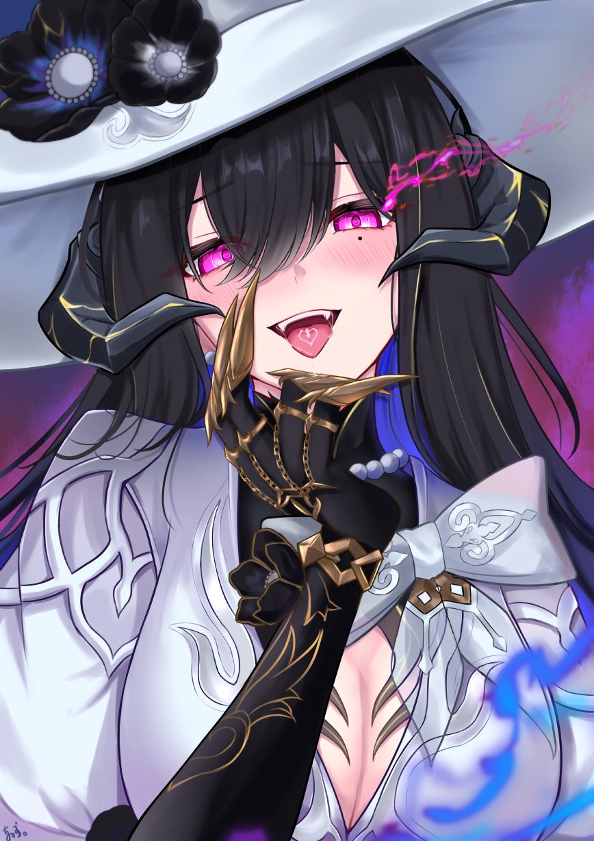 tiizumaru98, constance (honkai: star rail), honkai: star rail, honkai (series), commentary, highres, 1boy, black hair, bow, breasts, cleavage, demon horns, dress, fangs, flower, glowing, glowing eyes, hat, hat flower, horns, large breasts, long hair, looking at viewer, mole, mole under eye, pink eyes, tongue, tongue out, white dress