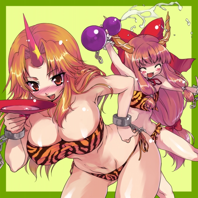 kajo, hoshiguma yuugi, ibuki suika, touhou, 2girls, animal print, bikini, blonde hair, blush, bow, breasts, chain, cuffs, female focus, horns, large breasts, long hair, multiple girls, oni, red eyes, single horn, swimsuit, tiger print