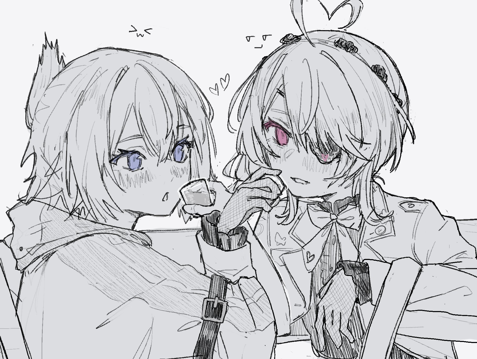 maria marionette, maria marionette (1st costume), petra gurin, petra gurin (1st costume), nijisanji, nijisanji en, commentary, english commentary, highres, 2girls, ahoge, arm belt, blue eyes, blush, bow, bowtie, cup, drinking glass, eyepatch, folded ponytail, greyscale, heart, heart ahoge, holding, holding cup, hood, hooded jacket, jacket, locked arms, long sleeves, monochrome, multiple girls, parted lips, pink eyes, shot glass, simple background, spot color, virtual youtuber, white background, yumeku114, yuri