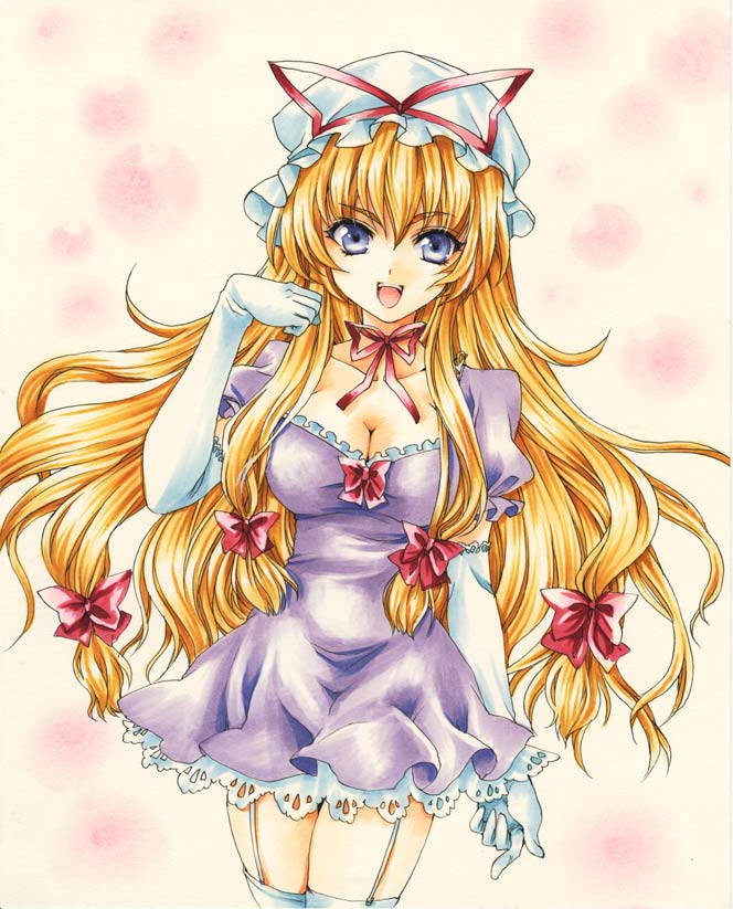 fragran0live, yakumo yukari, touhou, traditional media, 1girl, blonde hair, blue eyes, breasts, cleavage, elbow gloves, female focus, garter belt, garter straps, gloves, hat, large breasts, long hair, open mouth, ribbon, smile, solo, thighhighs, white gloves