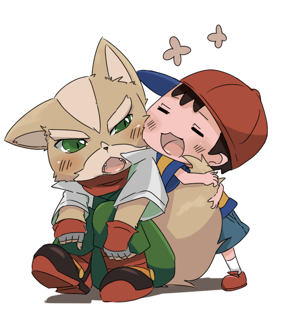 bunsuke, fox mccloud, ness (mother 2), mother (series), mother 2, nintendo, star fox, super smash bros., bad id, bad pixiv id, 1boy, animal ears, black hair, blush, chibi, child, furry, furry male, gloves, green eyes, hat, hug, smile, tail