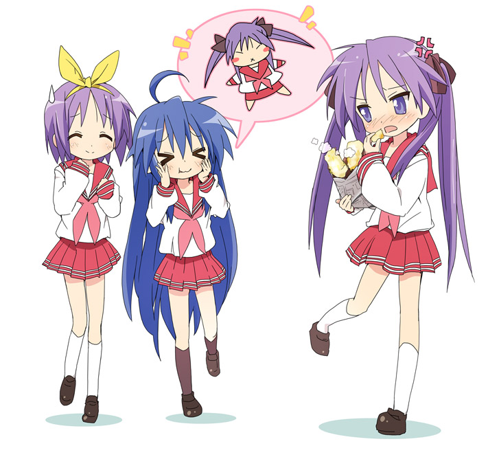 ixy, hiiragi kagami, hiiragi tsukasa, izumi konata, lucky star, > <, > <, 00s, :3, ahoge, angry, blue eyes, blue hair, blush, closed eyes, eating, food, long hair, purple eyes, purple hair, roasted sweet potato, school uniform, serafuku, short hair, siblings, sisters, skirt, sweatdrop, sweet potato, tareme, tsurime, twins, twintails, x3