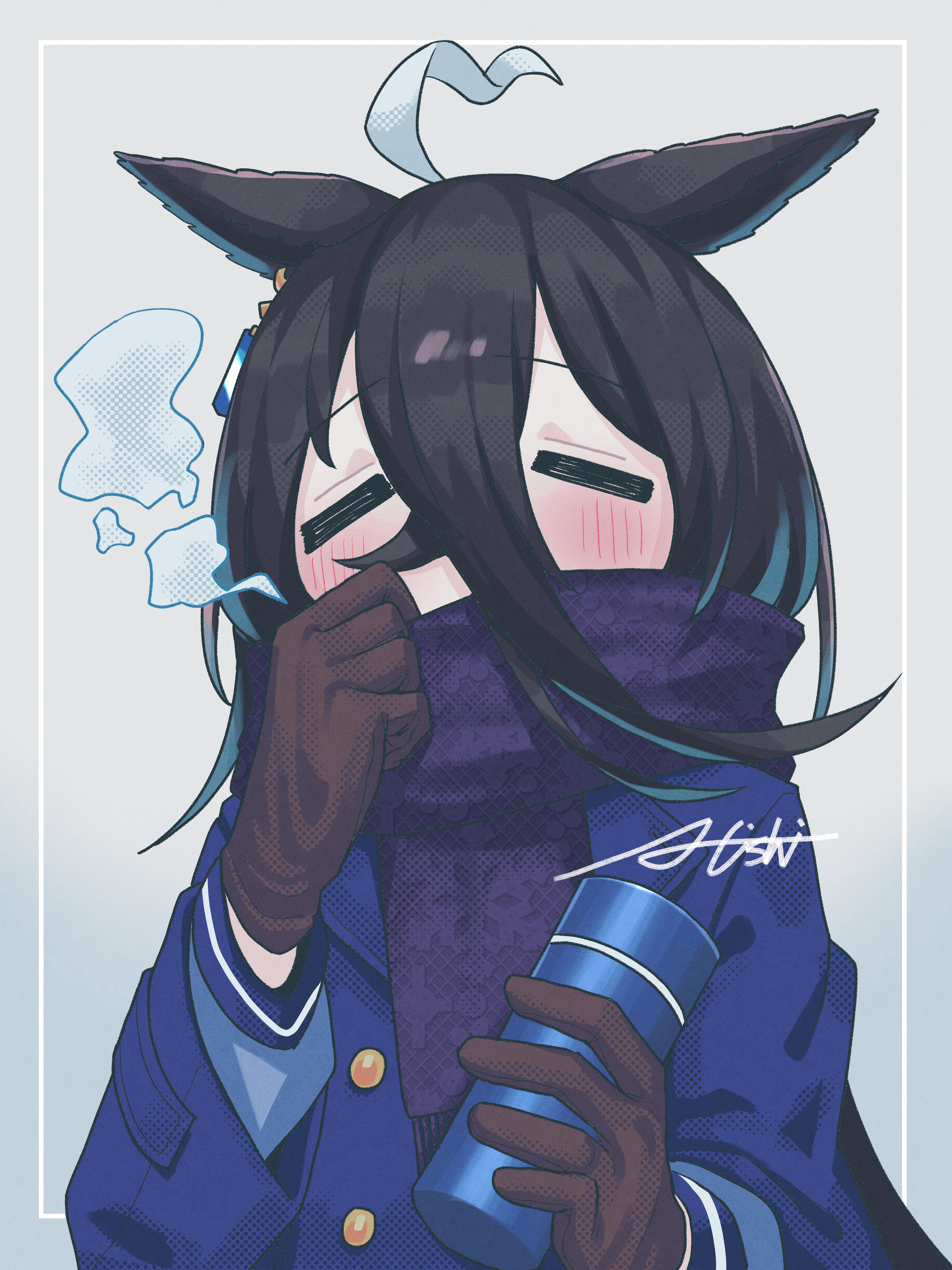 a4 (a4 eishi), manhattan cafe (umamusume), umamusume, absurdres, commentary request, highres, 1girl, adjusting scarf, ahoge, animal ears, black gloves, blue coat, blue scarf, blush, breath, closed eyes, coat, ear ornament, ear tag, earrings, ears down, gloves, hand up, holding thermos, horse ears, horse girl, jewelry, long sleeves, multicolored hair, purple shirt, scarf, school uniform, shirt, single earring, snowflake print, solo, thermos, tracen school uniform, white hair, winter clothes