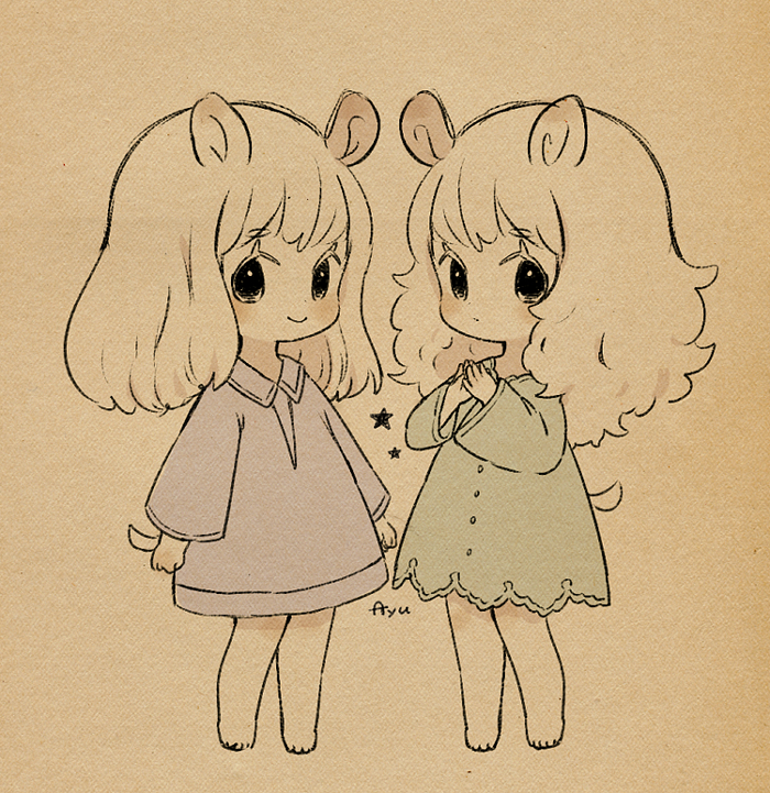 ayu (mog), original, commentary, commentary request, english commentary, mixed-language commentary, 2girls, animal ears, barefoot, chibi, chibi only, closed mouth, collared dress, dress, full body, green dress, long hair, long sleeves, looking at viewer, multiple girls, purple dress, romaji commentary, signature, smile, standing, tail, white hair