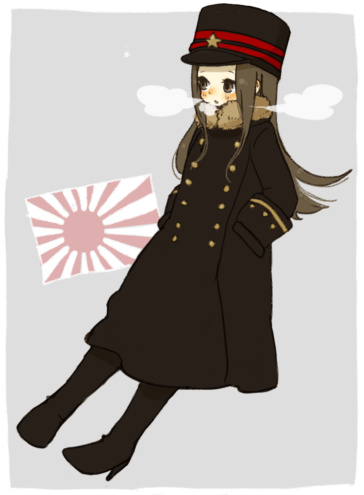 yukke, original, commentary request, 1girl, black boots, black coat, black hat, blush, boots, border, breath, brown eyes, brown hair, buttons, coat, double-breasted, fur-trimmed coat, fur trim, grey background, hands in pockets, hat, hat ornament, high heel boots, high heels, imperial japanese army, kepi, knee boots, long coat, long hair, long sleeves, looking ahead, military hat, military uniform, open mouth, rising sun flag, simple background, solo, star (symbol), star hat ornament, sunburst, white border