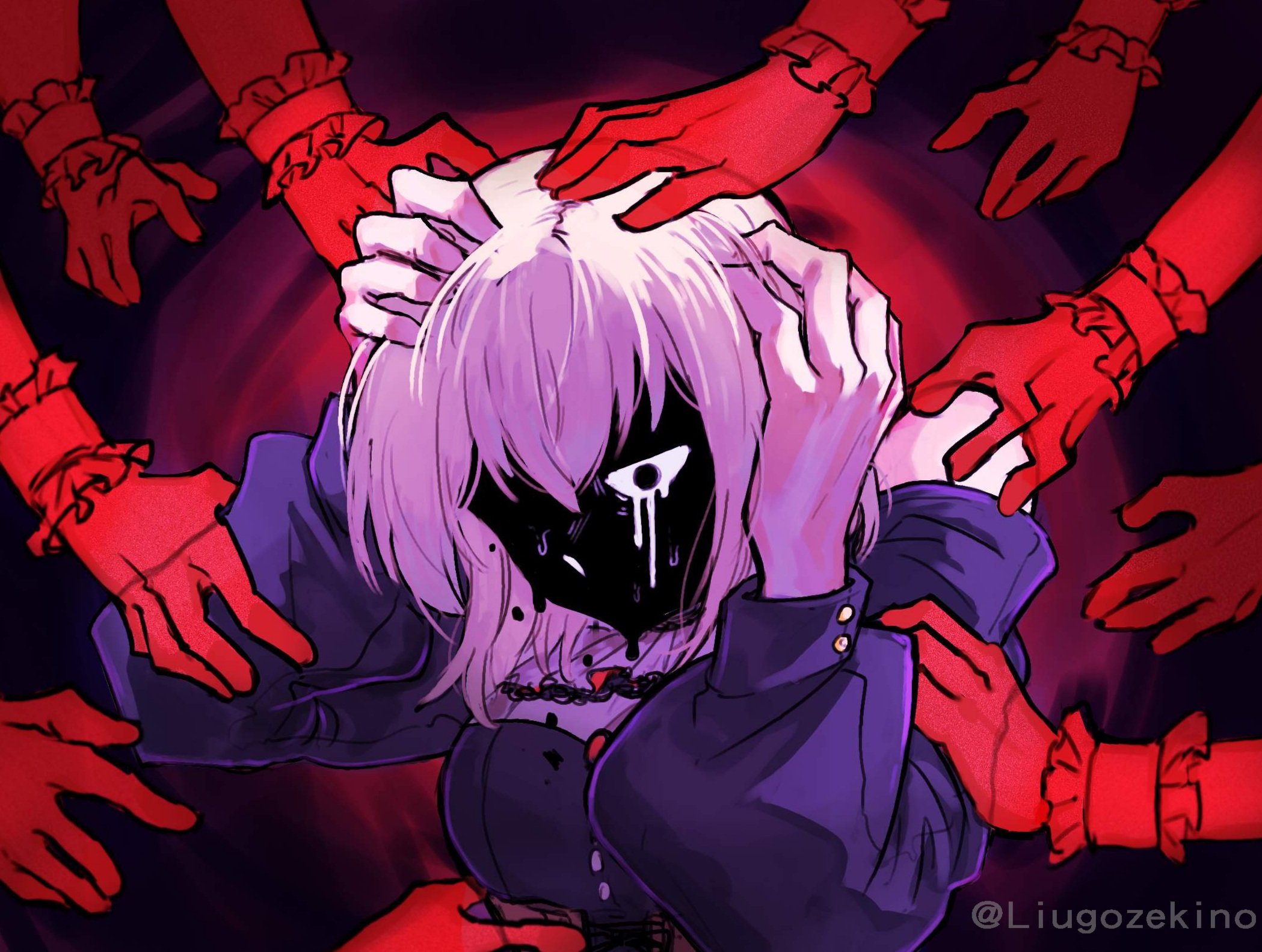 liugo zekino, doloris (bang dream!), misumi uika, bang dream!, bang dream! it's mygo!!!!!, chinese commentary, commentary request, highres, textless version, 1girl, blonde hair, breasts, clothing cutout, crying, crying with eyes open, hands on own head, long sleeves, medium breasts, medium hair, purple eyes, shoulder cutout, sophie (bang dream!), surrounded by hands, tears