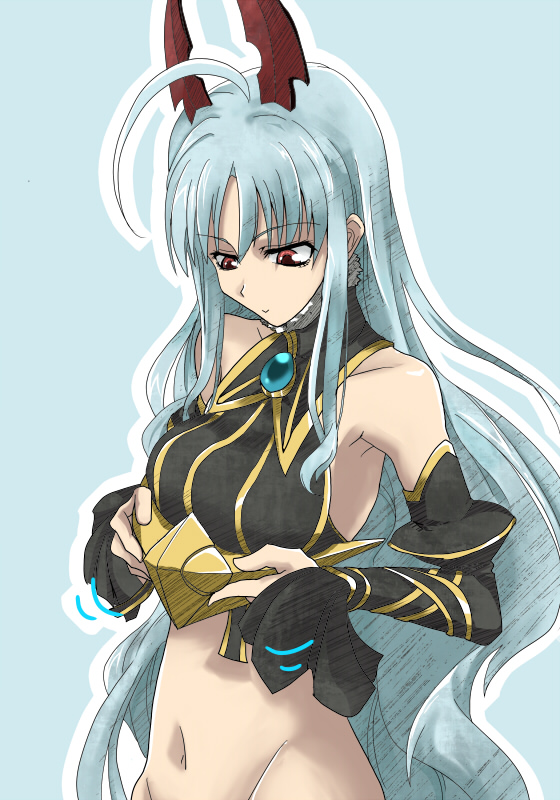 asahikawa, aliasse, senjou no valkyria (series), senjou no valkyria 2, silver hair, 00s, detached sleeves, headdress, horns, long hair, looking down, red eyes