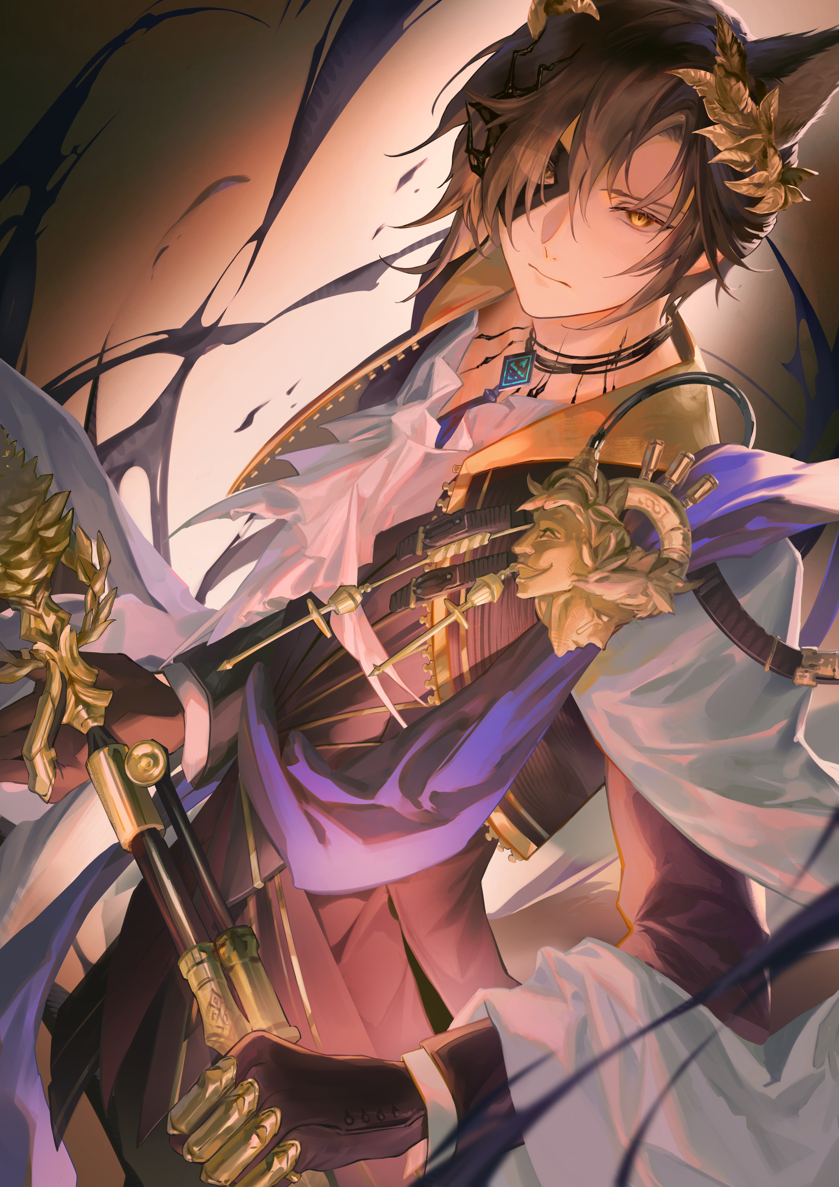 myluche, infection monitor (arknights), phantom (arknights), tragodia (arknights), arknights, absurdres, commentary, highres, 1boy, animal ears, black coat, black hair, cane, cape, cat boy, cat ears, closed mouth, coat, dutch angle, eye mask, eyes visible through hair, formal clothes, gold trim, hair between eyes, hair over one eye, half eye mask, holding, holding cane, laurel crown, long sleeves, looking at viewer, male focus, mask, material growth, oripathy lesion (arknights), short hair, sleeves past wrists, solo, standing, white cape, yellow eyes