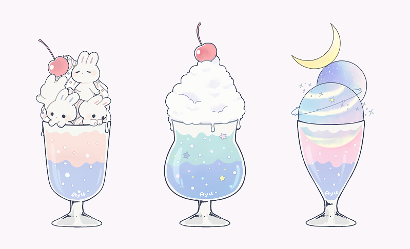 ayu (mog), original, commentary, commentary request, english commentary, mixed-language commentary, animal, cherry, crescent moon, cup, drink, drinking glass, food, fruit, moon, no humans, planet, rabbit, romaji commentary, signature, simple background, sparkle, star (symbol), white background