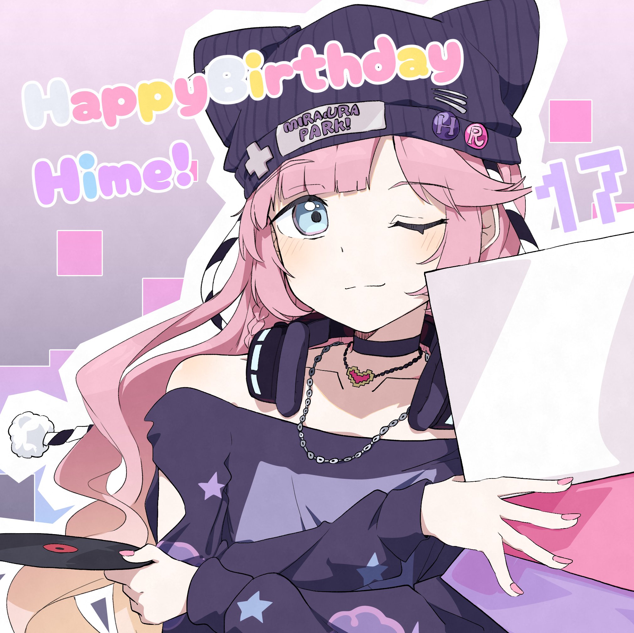 sio pasta, anyoji hime, link! like! love live!, love live!, commentary request, highres, 1girl, blue eyes, character age, choker, closed mouth, happy birthday, hat, headphones, headphones around neck, heart, heart necklace, jewelry, long hair, looking at viewer, necklace, nyao signyal, off-shoulder shirt, off shoulder, official alternate costume, one eye closed, pink hair, purple hat, purple shirt, shirt, solo, split mouth