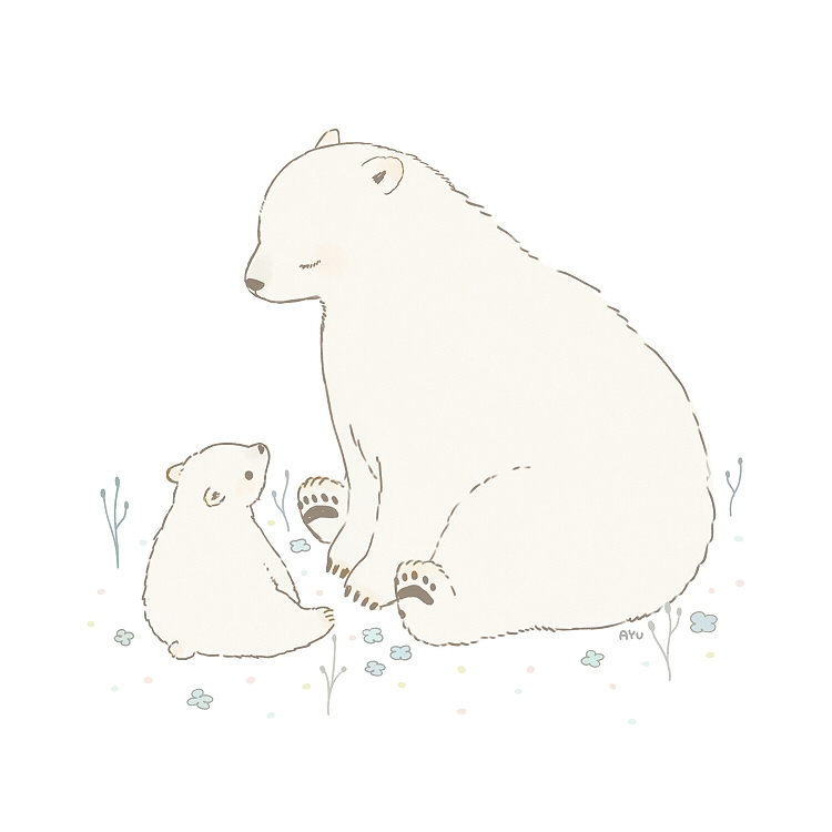 ayu (mog), original, commentary, commentary request, english commentary, mixed-language commentary, animal, animal focus, baby animal, bear, closed eyes, flower, no humans, polar bear, romaji commentary, simple background, white background