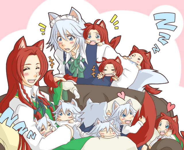 neko majin, hong meiling, inu sakuya (nejikirio), izayoi sakuya, touhou, > <, 6+girls, = =, animal ears, biting, blue eyes, blush, braid, china dress, chinese clothes, closed eyes, dog ears, dog tail, dress, fang, female focus, heart, if they mated, kemonomimi mode, long hair, mother and daughter, multiple girls, red hair, short hair, sleeping, tail, twin braids, very long hair, white hair, zzz