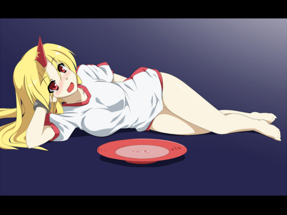 izumi sai, hoshiguma yuugi, touhou, bad id, bad pixiv id, 1girl, alcohol, arm support, barefoot, blonde hair, blush, bottomless, cuffs, cup, drunk, fang, feet, female focus, horns, letterboxed, long hair, lying, on side, open mouth, red eyes, sakazuki, sake, single horn, solo