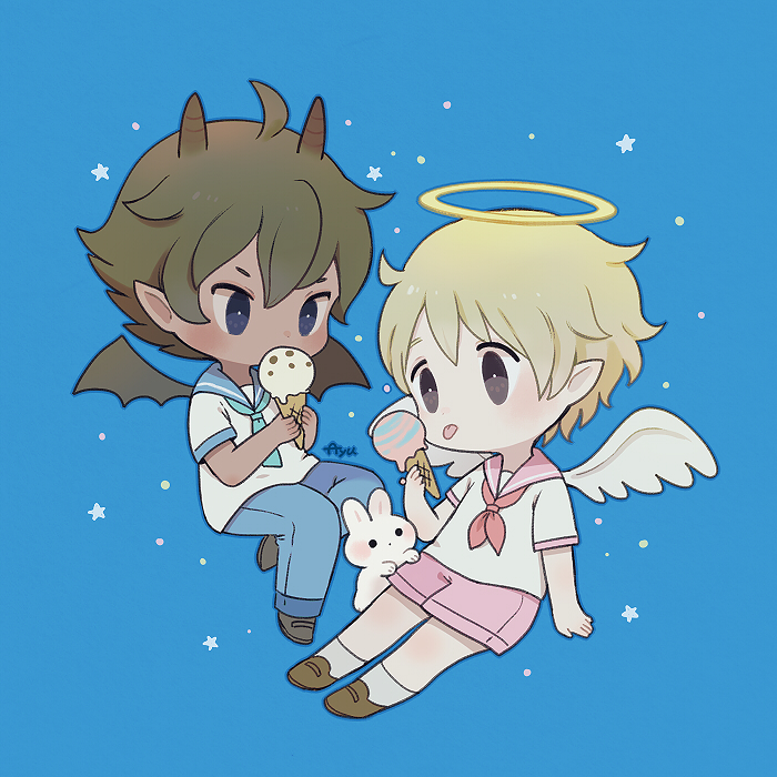 ayu (mog), original, commentary, commentary request, english commentary, mixed-language commentary, 2boys, :p, angel, angel wings, blonde hair, blue background, blue eyes, blue pants, blue sailor collar, brown eyes, brown hair, brown shoes, chibi, chibi only, closed mouth, dark-skinned male, dark skin, demon boy, demon horns, demon wings, food, full body, halo, holding, holding food, holding ice cream, horns, ice cream, male focus, multiple boys, neckerchief, pants, pink sailor collar, pink shorts, pointy ears, red neckerchief, romaji commentary, sailor collar, shirt, shoes, short hair, short sleeves, shorts, signature, socks, tongue, tongue out, traditional halo, white shirt, white socks, white wings, wings
