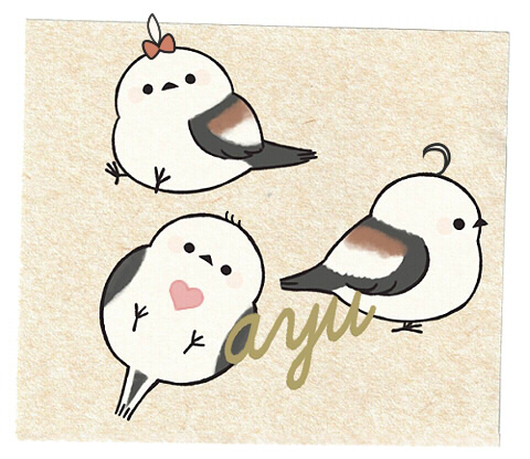 ayu (mog), original, commentary, commentary request, english commentary, lowres, mixed-language commentary, animal focus, bird, border, bow, heart, no humans, outside border, red bow, romaji commentary, signature, solid circle eyes, white border, yellow background