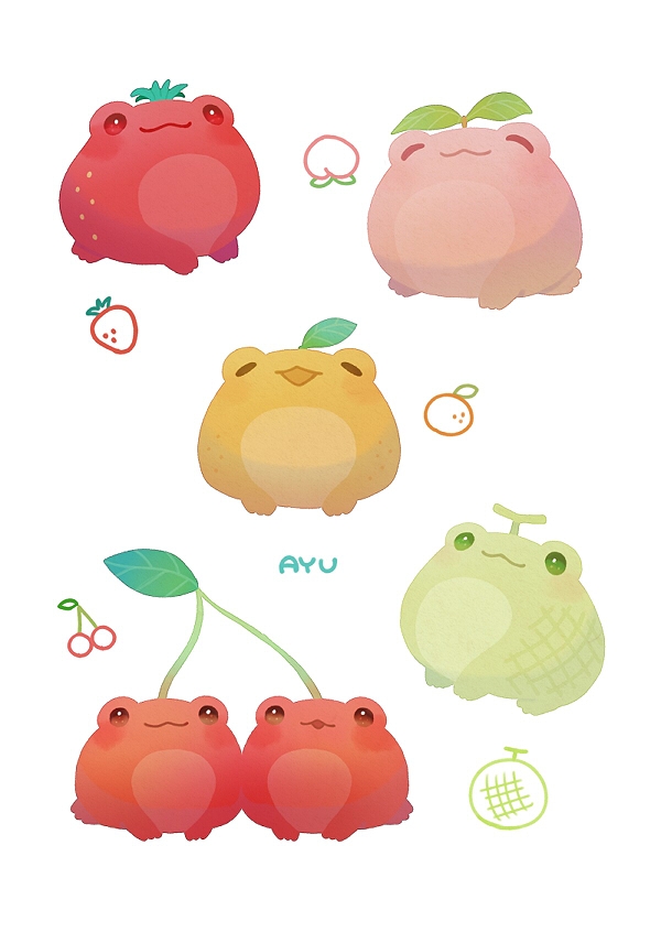 ayu (mog), original, commentary, commentary request, english commentary, mixed-language commentary, :3, :d, animal focus, animalization, cherry, closed eyes, closed mouth, food, frog, fruit, lemon, melon, no humans, open mouth, peach, romaji commentary, simple background, smile, strawberry, white background