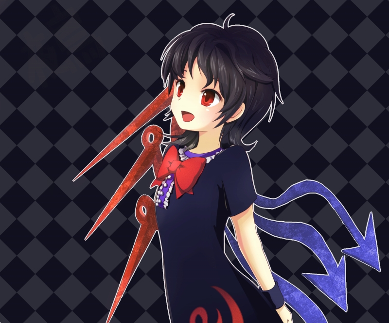 tona (nekotte), houjuu nue, touhou, 1girl, ahoge, black hair, dress, female focus, red eyes, ribbon, short hair, solo, wings