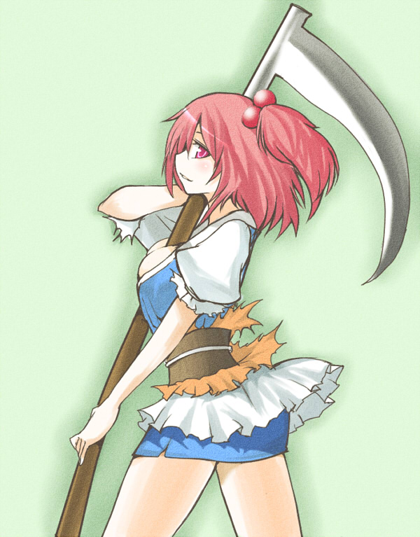 hane (hanegoya), onozuka komachi, touhou, 1girl, between breasts, breasts, dress, female focus, gradient background, large breasts, obi, profile, red eyes, red hair, sash, scythe, solo, twintails, two side up