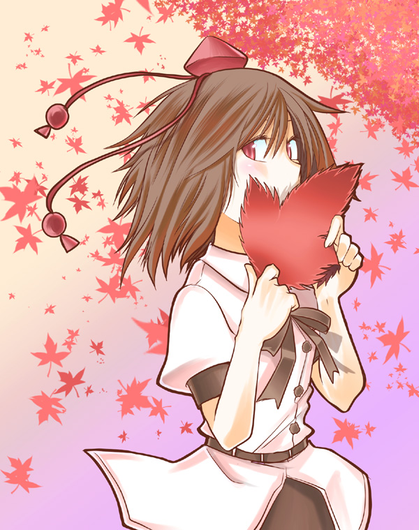 hane (hanegoya), shameimaru aya, touhou, looking away, 1girl, averting eyes, black hair, blush, covering own mouth, female focus, hat, leaf, maple leaf, red eyes, short hair, solo