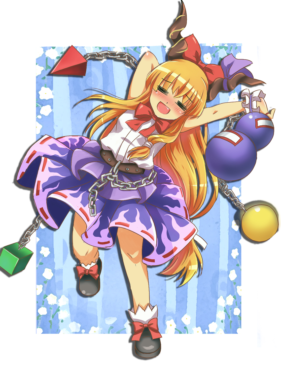 althea (sakiya0000), sakiya0000, ibuki suika, touhou, highres, 1girl, blonde hair, blush, bow, chain, female focus, horns, long hair, orange hair, solo