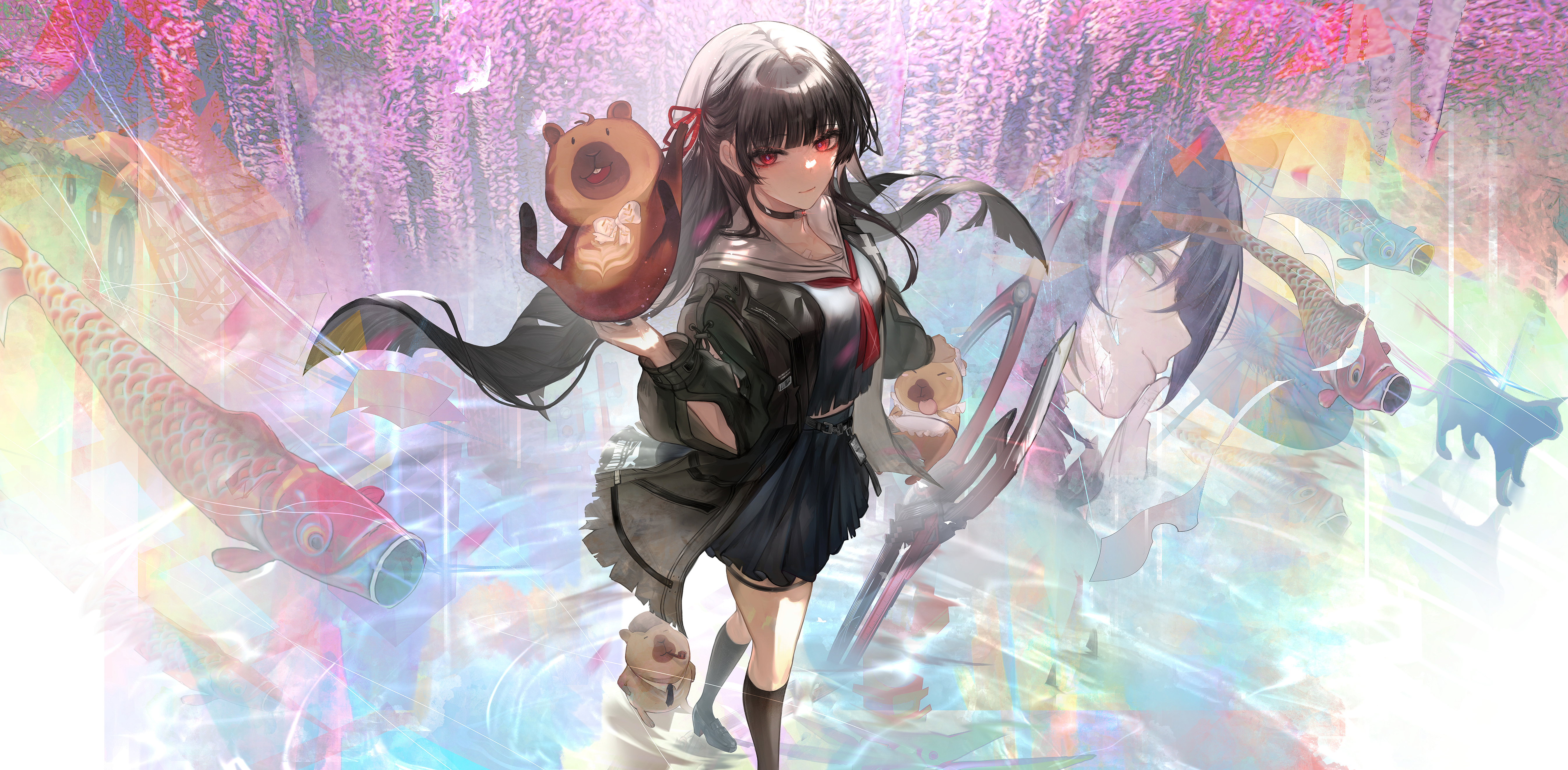 pomi (poan dan), chisa (wuthering waves), wuthering waves, absurdres, commentary request, highres, 2girls, arm cutout, black choker, black hair, black jacket, black serafuku, black shirt, black skirt, black socks, breasts, choker, closed mouth, clothing cutout, from above, hair ribbon, hand up, holding, holding sword, holding weapon, jacket, koi, long hair, long sleeves, looking at viewer, looking up, medium breasts, multiple girls, namipon (wuthering waves), neckerchief, red eyes, red neckerchief, red ribbon, ribbon, sailor collar, school uniform, serafuku, shirt, skirt, socks, sumika (wuthering waves), sword, weapon, white sailor collar