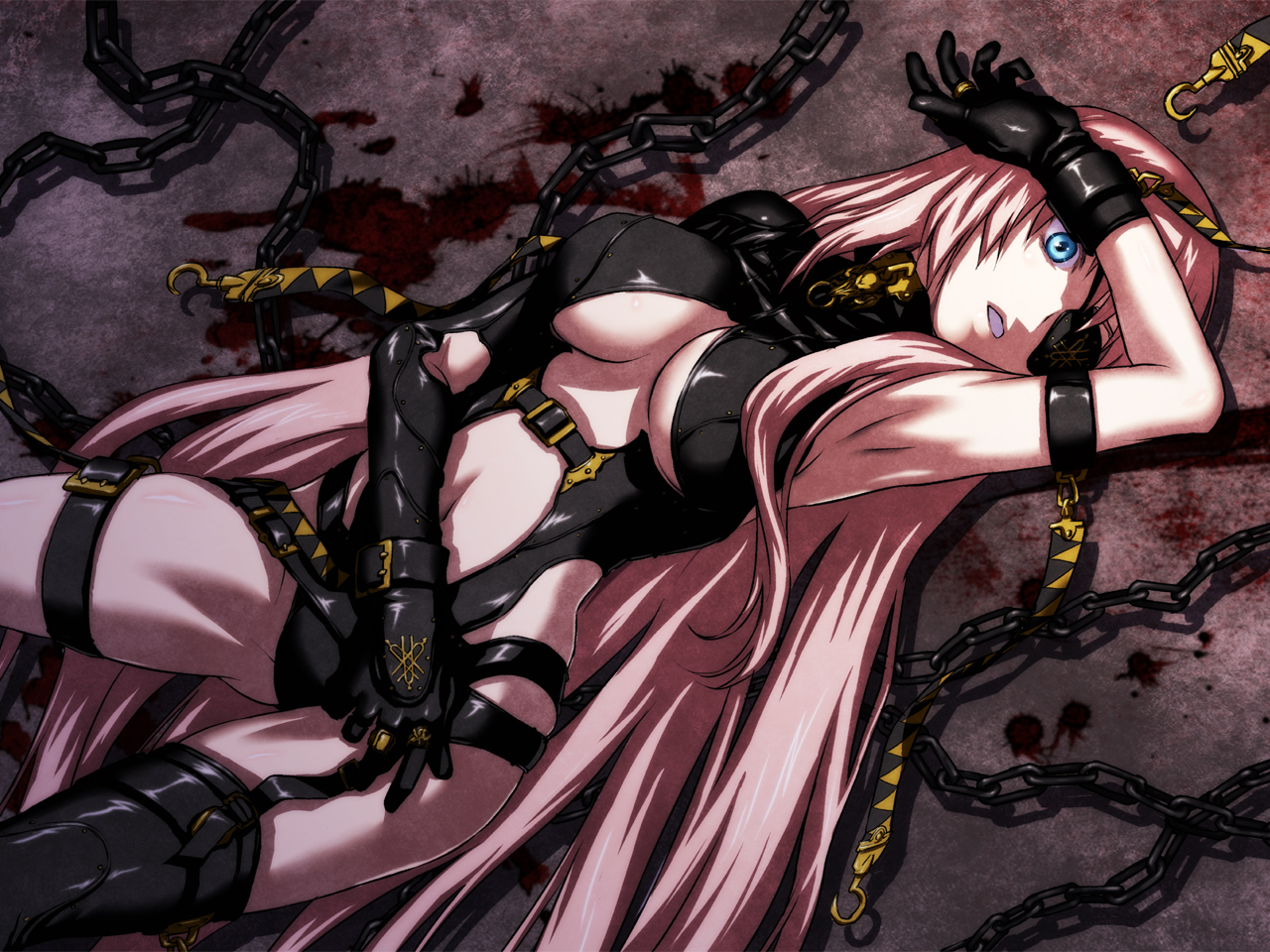 iga tomoteru, megurine luka, vocaloid, 1girl, blood, blue eyes, breasts, chain, cleavage, eyepatch, female focus, garter belt, gloves, large breasts, leotard, long hair, lying, navel, pink hair, single thighhigh, solo, thighhighs, underboob