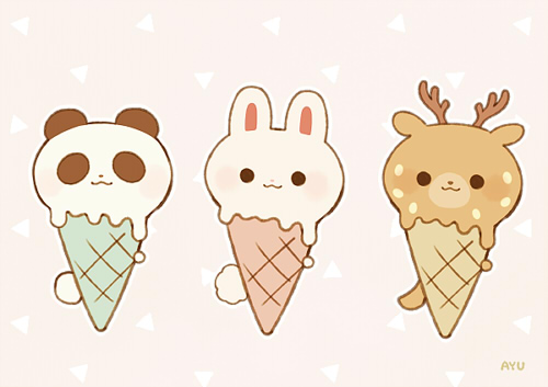 ayu (mog), original, commentary, commentary request, english commentary, lowres, mixed-language commentary, :3, closed mouth, deer, food, food focus, ice cream, no humans, panda, pink background, rabbit, romaji commentary, simple background, solid circle eyes