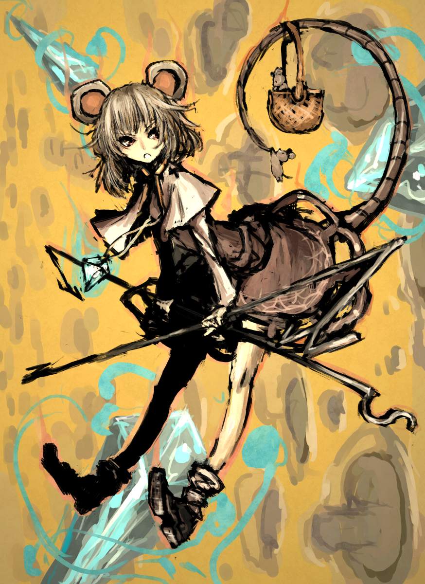 moto murabito, nazrin, touhou, highres, traditional media, 1girl, animal ears, basket, female focus, grey hair, jewelry, mouse (animal), mouse ears, mouse tail, pendant, short hair, solo, tail
