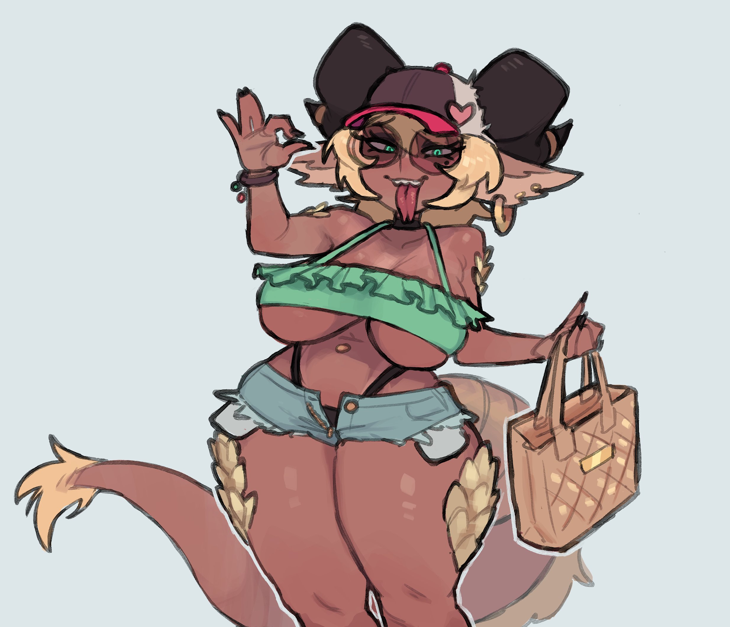 ruka481, pyrite (ironbunz), original, commentary, english commentary, highres, 1girl, animal ears, bag, baseball cap, black nails, blonde hair, borrowed character, bracelet, breasts, choker, crop top, curvy, dark-skinned female, dark skin, dragon girl, dragon horns, dragon tail, earrings, exposed pocket, feet out of frame, fellatio gesture, fingernails, forked tongue, full body, gold earrings, green eyes, halterneck, hand up, handbag, hat, holding, holding bag, hoop earrings, horns, jewelry, large breasts, large ears, long fingernails, long hair, long tongue, looking at viewer, naughty face, navel, navel piercing, open fly, open mouth, panty straps, piercing, round eyewear, short shorts, shorts, shortstack, solo, standing, sunglasses, tail, teeth, tongue, tongue out, underboob, upper teeth only, yellow scales