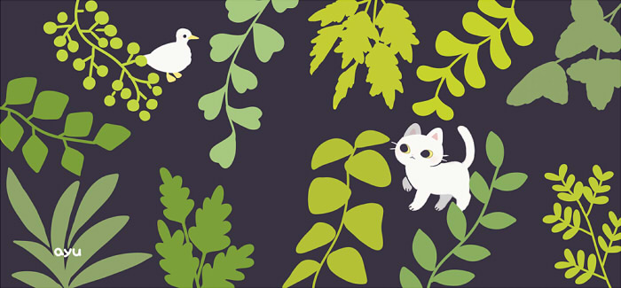 ayu (mog), original, commentary, commentary request, english commentary, mixed-language commentary, animal, animal focus, artist name, bird, black background, cat, closed mouth, duck, leaf, no humans, romaji commentary, simple background, whiskers, yellow eyes