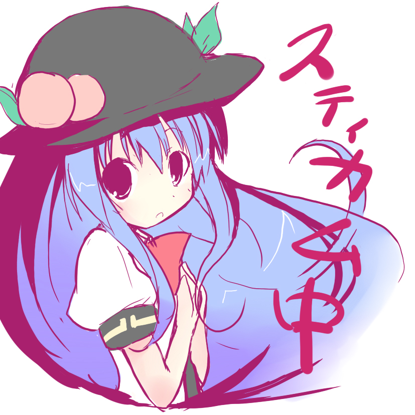 shichinose, hinanawi tenshi, touhou, bad id, bad pixiv id, 1girl, blue hair, female focus, food, fruit, hat, peach, solo, stickam, upper body, white background