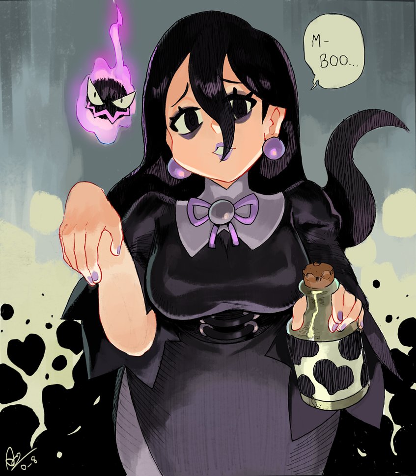 alex ahad, gastly, hex maniac (pokemon), hex maniac (pokemon legends: z-a), nintendo, pokemon, pokemon legends: z-a, commentary, english commentary, 1girl, alternate hairstyle, bags under eyes, bottle, breasts, corked bottle, corset, cowboy shot, dress, earrings, fingernails, gen 1 pokemon, ghost pose, hair between eyes, hands up, heart, holding, holding bottle, jewelry, juliet sleeves, large earrings, lipstick, long hair, long sleeves, makeup, milk bottle, nail polish, neck ribbon, parted lips, puffy sleeves, purple dress, purple lips, purple nails, purple ribbon, ribbon, smile, solo, speech bubble, sphere earrings