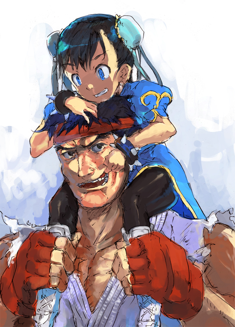 kitano yuusuke, chun-li, ryu (street fighter), capcom, street fighter, street fighter ii (series), 1990s (style), 1boy, 1girl, black hair, blue eyes, boots, bracelet, bun cover, child, china dress, chinese clothes, double bun, dress, finger in another's mouth, fingerless gloves, fingersmile, gloves, grin, hair bun, headband, jewelry, muscular, muscular child, pantyhose, pelvic curtain, retro artstyle, short hair, smile, spiked bracelet, spikes, thighs