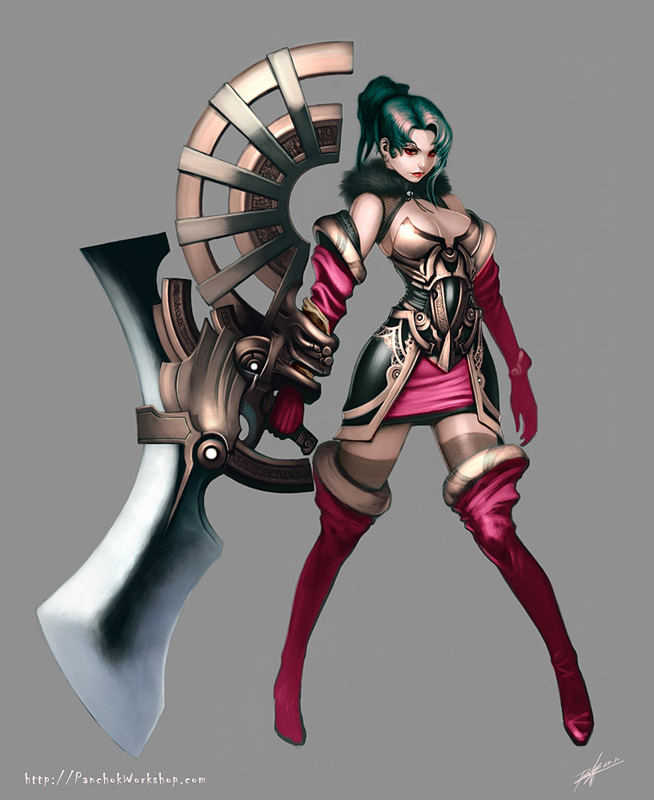 panchok, original, bad id, bad pixiv id, gloves, green hair, red eyes, simple background, solo, thighhighs, weapon