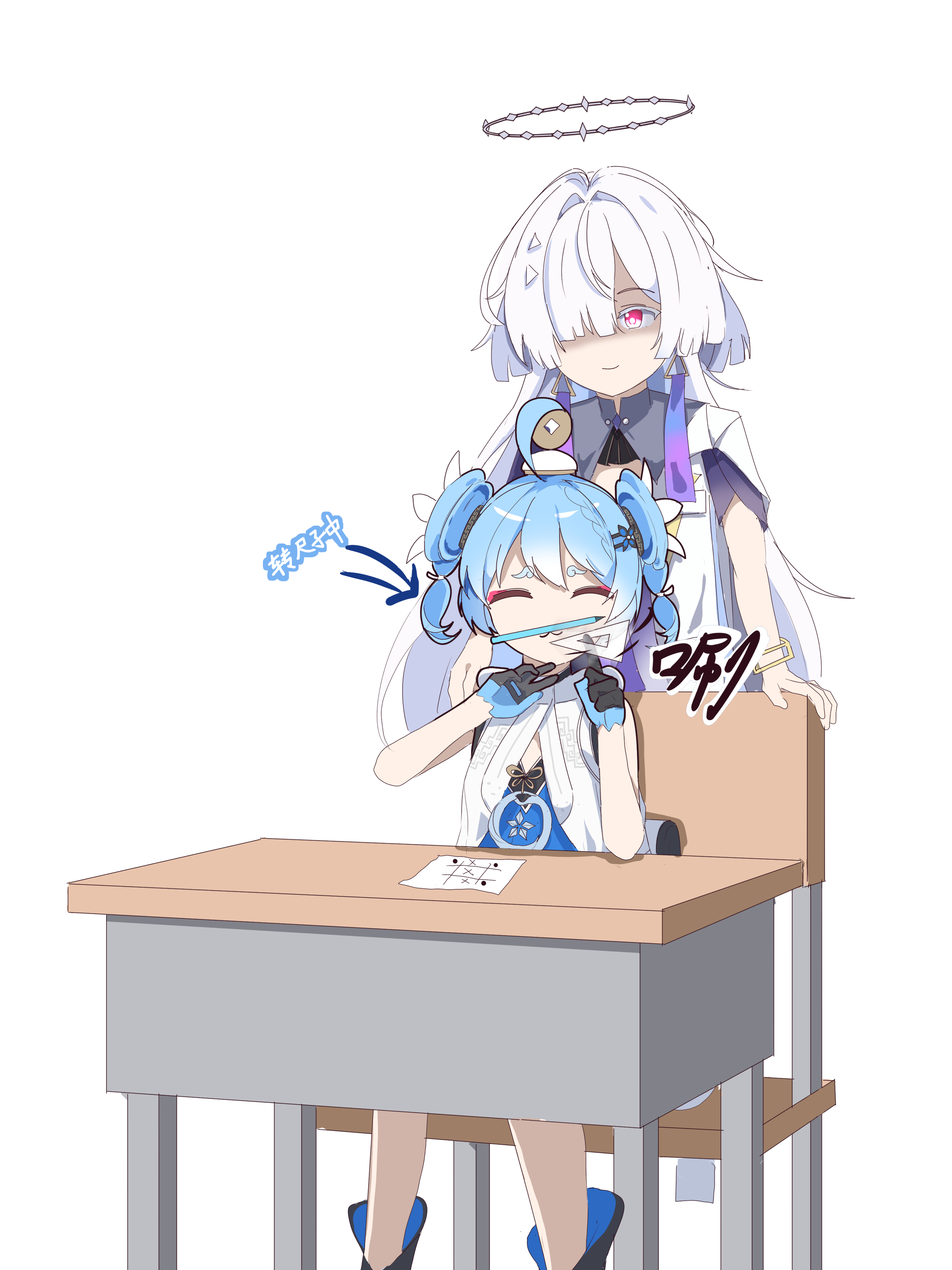 qianbihezhong, mornye (wuthering waves), youhu (wuthering waves), wuthering waves, absurdres, chinese commentary, commentary request, highres, 2girls, ahoge, balancing on nose, black gloves, blue hair, closed eyes, closed mouth, colored eyelashes, desk, gloves, grey hair, hair ornament, hair over one eye, halo, jacket, looking at another, multiple girls, pencil, red eyes, school desk, set square, shaded face, simple background, thick eyebrows, tic-tac-toe, white background, white jacket