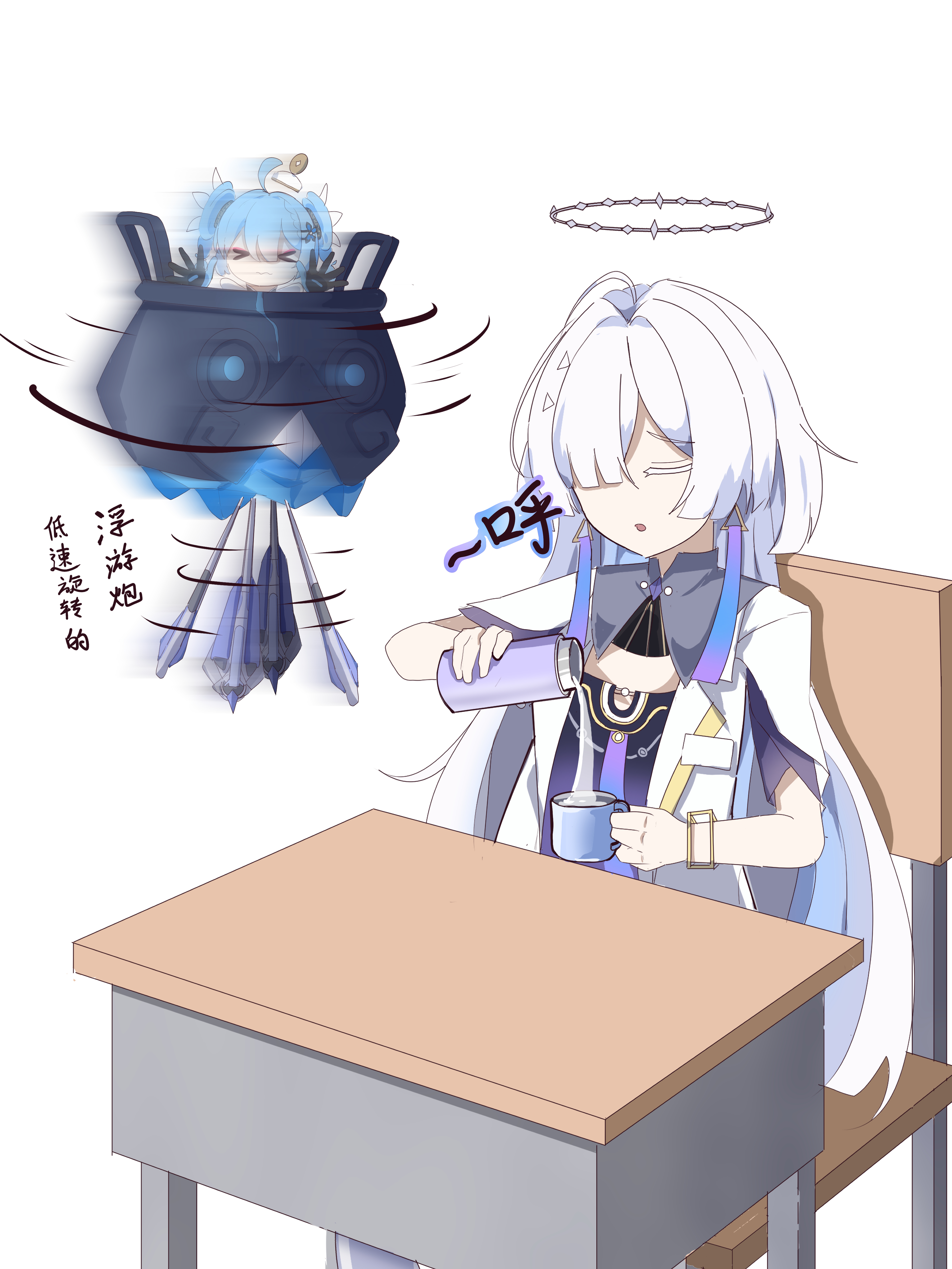 qianbihezhong, mornye (wuthering waves), youhu (wuthering waves), wuthering waves, absurdres, chinese commentary, commentary request, highres, > <, 2girls, closed eyes, colored eyelashes, cup, desk, grey hair, hair over one eye, halo, holding, holding cup, holding thermos, jacket, multiple girls, open mouth, pouring, school desk, simple background, sitting, thermos, white background, white jacket