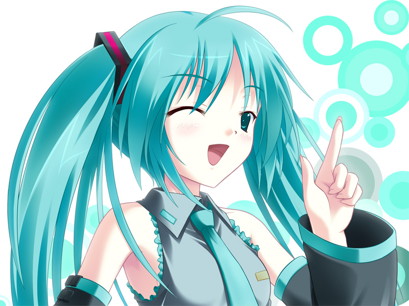 amino, amino kohaku, hatsune miku, vocaloid, 1girl, aqua eyes, aqua hair, detached sleeves, female focus, necktie, one eye closed, solo, twintails, wink