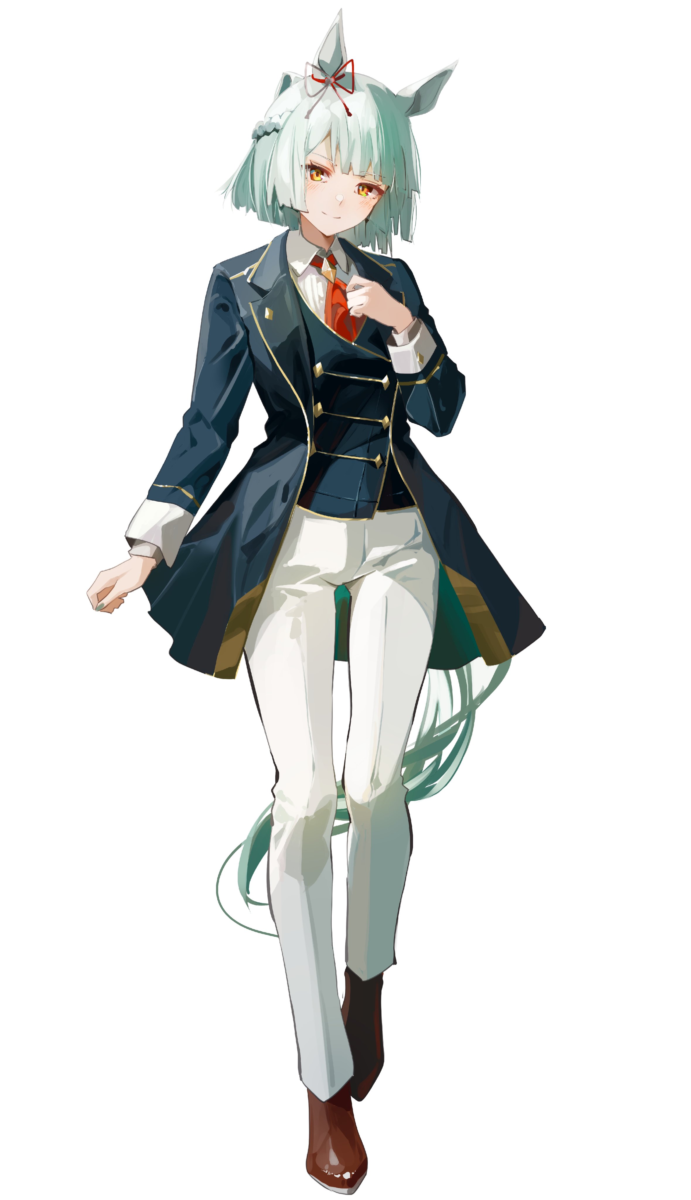 yoojp, fujimasa march (umamusume), umamusume, umamusume: cinderella gray, absurdres, highres, 1girl, animal ears, aqua tail, blue jacket, blue vest, blush, bow, braid, brooch, closed mouth, collared shirt, ear ribbon, folded hair, folded ponytail, full body, grey hair, half up half down braid, horse ears, horse girl, horse tail, jacket, jewelry, long hair, long sleeves, looking at viewer, neckerchief, open clothes, open jacket, pants, red neckerchief, shirt, shoes, short hair, simple background, smile, solo, tail, vest, white background, white pants, white shirt, yellow eyes