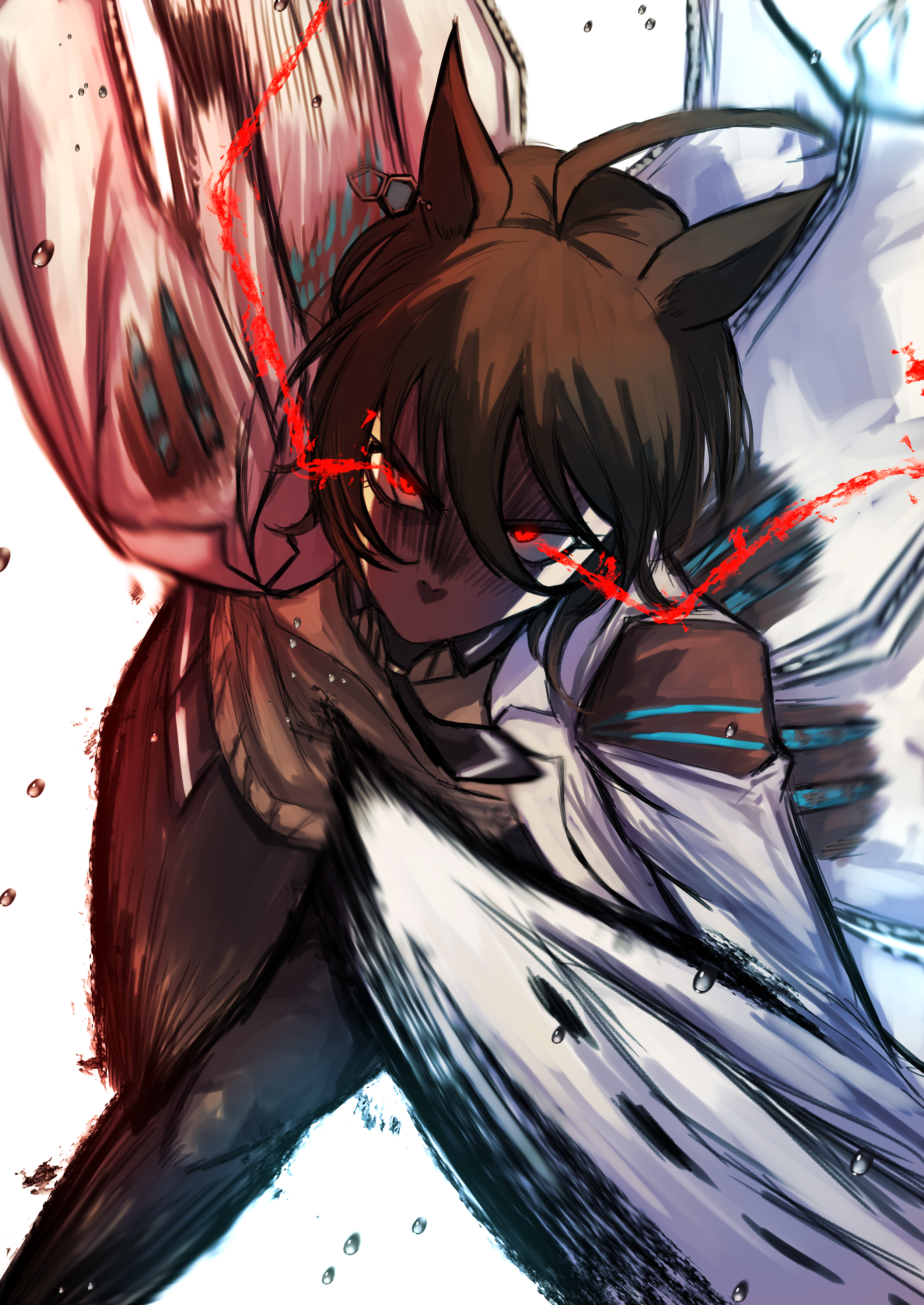 hasewo, agnes tachyon (tach-nology) (umamusume), agnes tachyon (umamusume), umamusume, absurdres, commentary request, highres, 1girl, ahoge, animal ears, black necktie, black pantyhose, brown hair, chemical structure, coat, cork, earrings, eye trail, glowing, glowing eyes, hair between eyes, horse ears, horse girl, horse tail, jewelry, lab coat, light trail, long sleeves, looking at viewer, necktie, pantyhose, red eyes, running, short hair, short necktie, single earring, sleeves past fingers, sleeves past wrists, solo, sweater, sweater vest, tail, test tube, white coat, yellow sweater, yellow sweater vest